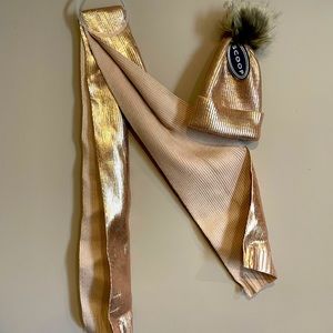 Pink metallic hat and scarf.